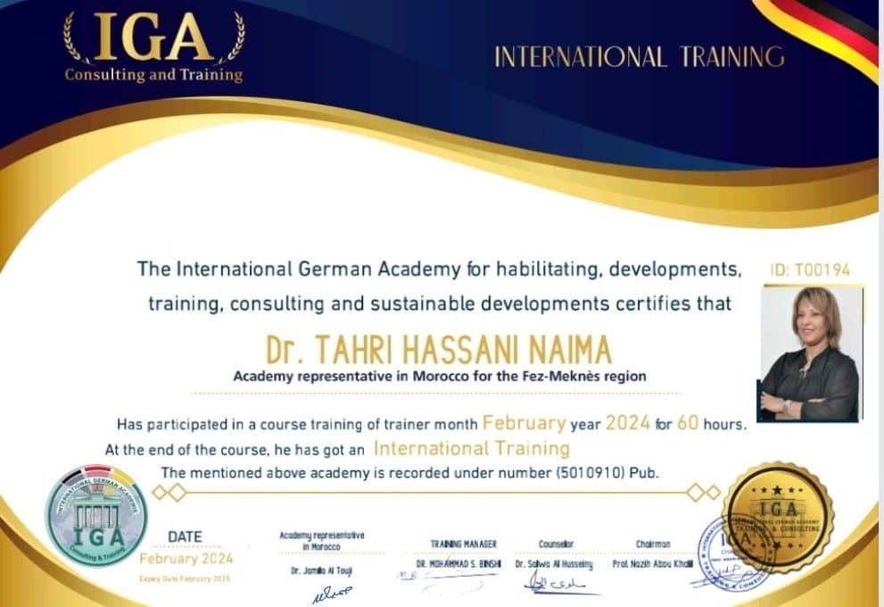 شهادة تدريب وإعداد مدربين - الدكتورة الطاهري الحسني نعيمة - EN