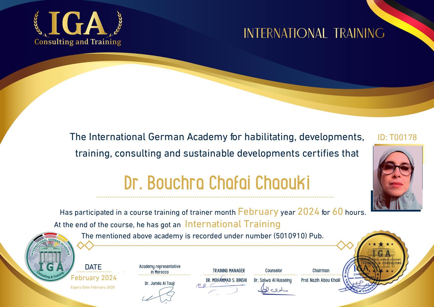 شهادة دورة تدريب مدربين . الدكتورة بشرى الشافعي شوقي EN