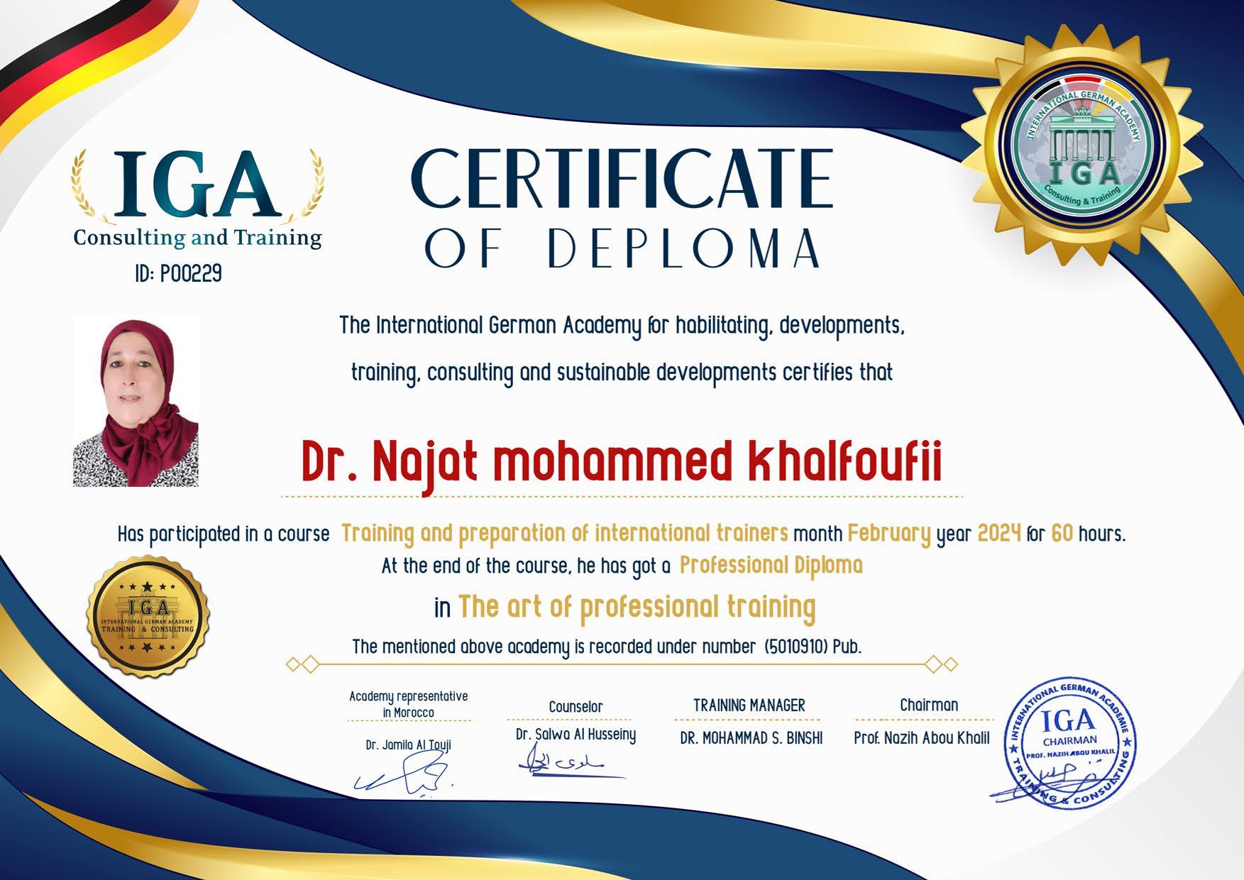 شهادة دبلوم مهني – الدكتورة نجاة محمد خلفوفي EN