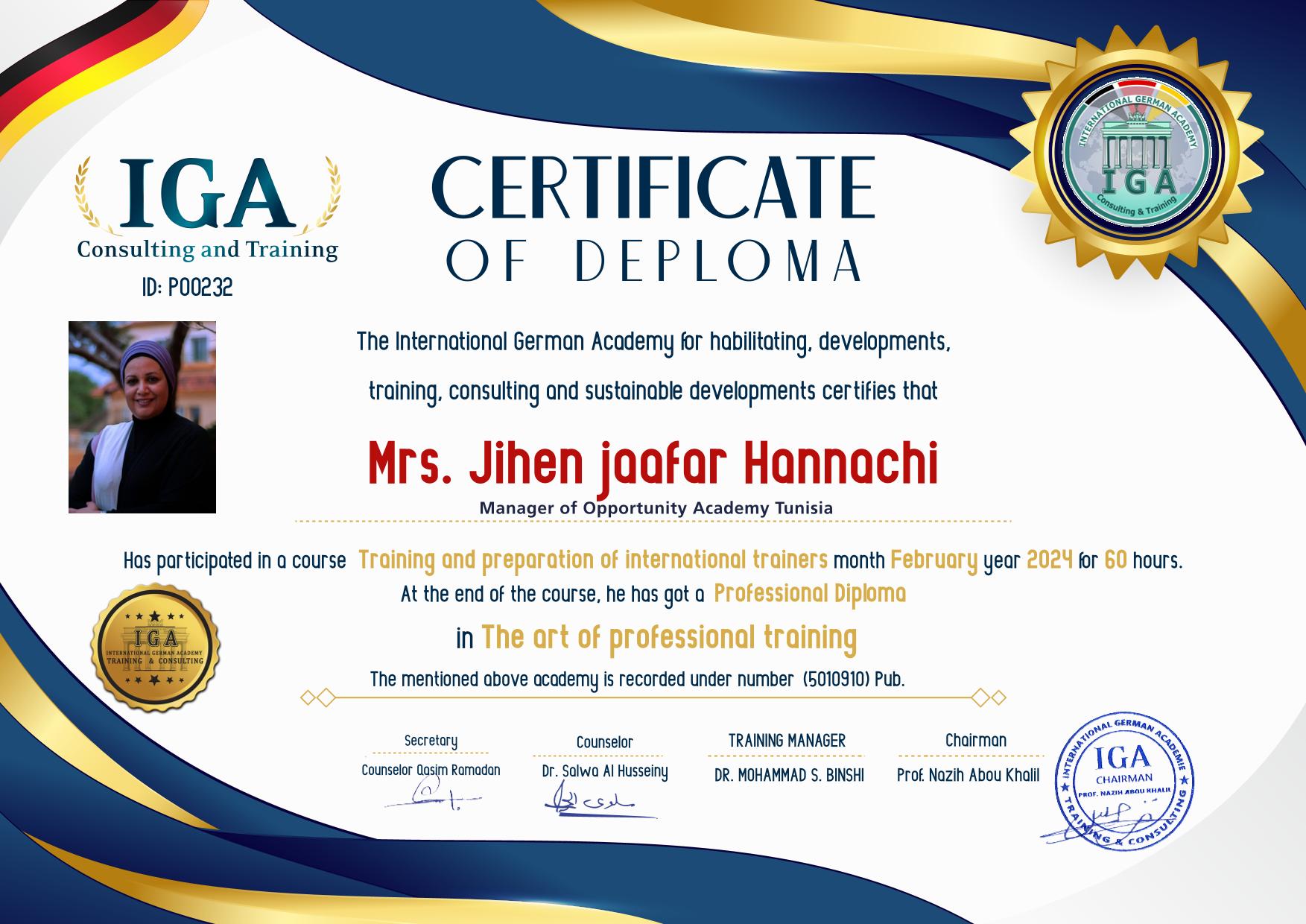 الأستاذة جهان حنيشي – شهادة مدربين دوليين - EN