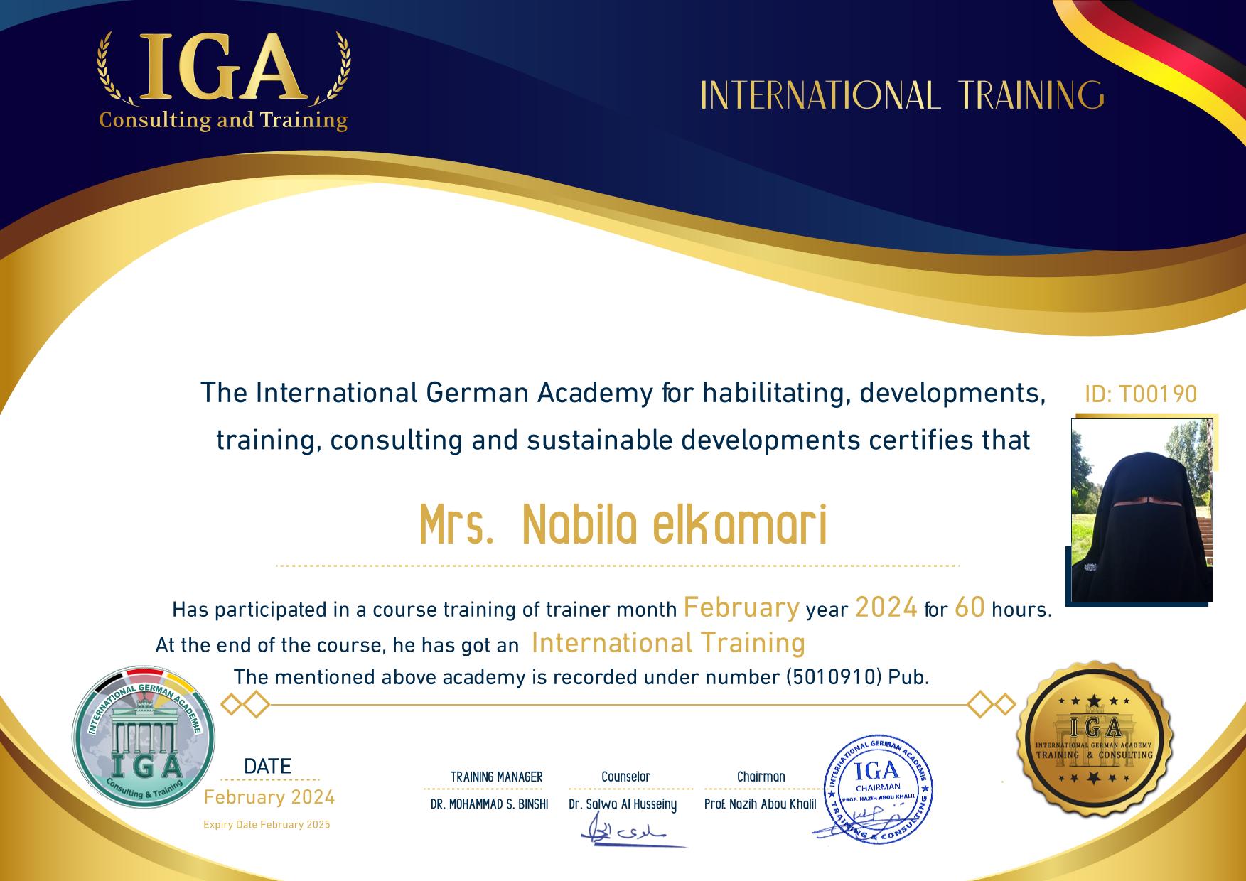 شهادة مدرب دولي – الأستاذة نبيلة القماري – EN