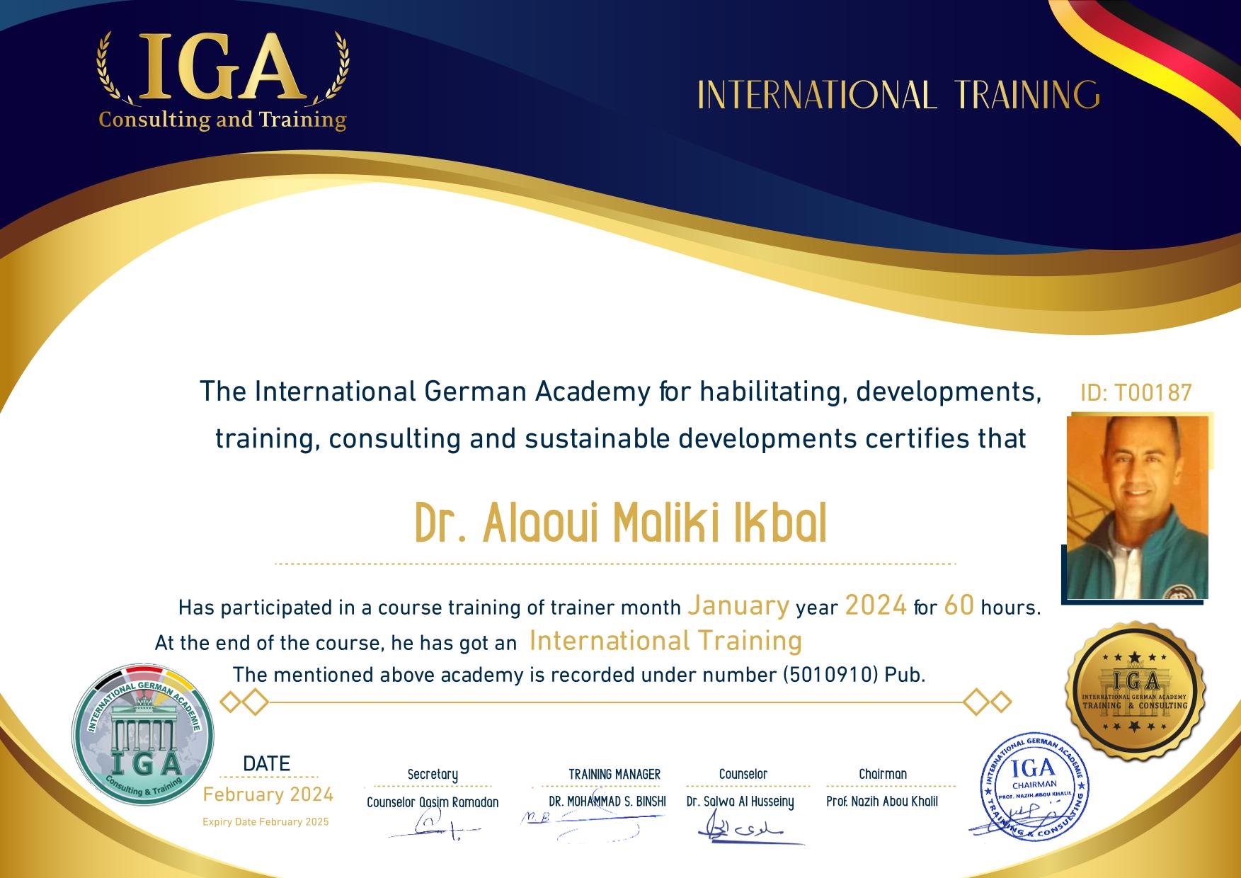 الدكتور العلوي مليكي إقبال – شهادة مدرب دولي . EN