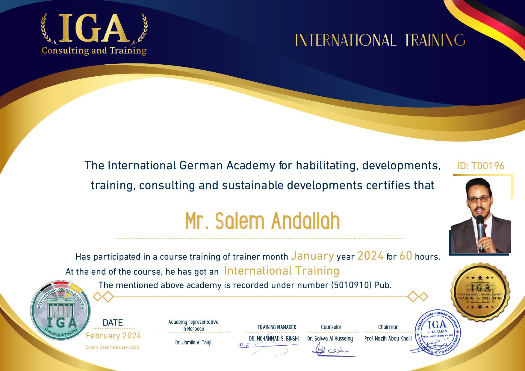 الأستاذ سالم عندالا - شهادة مدرب دولي - EN