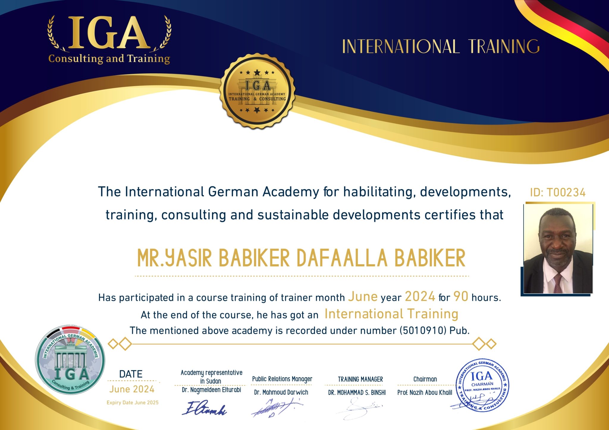 شهادة مدرب دولي - الأستاذ ياسر بابكر دفع الله بابكر - EN