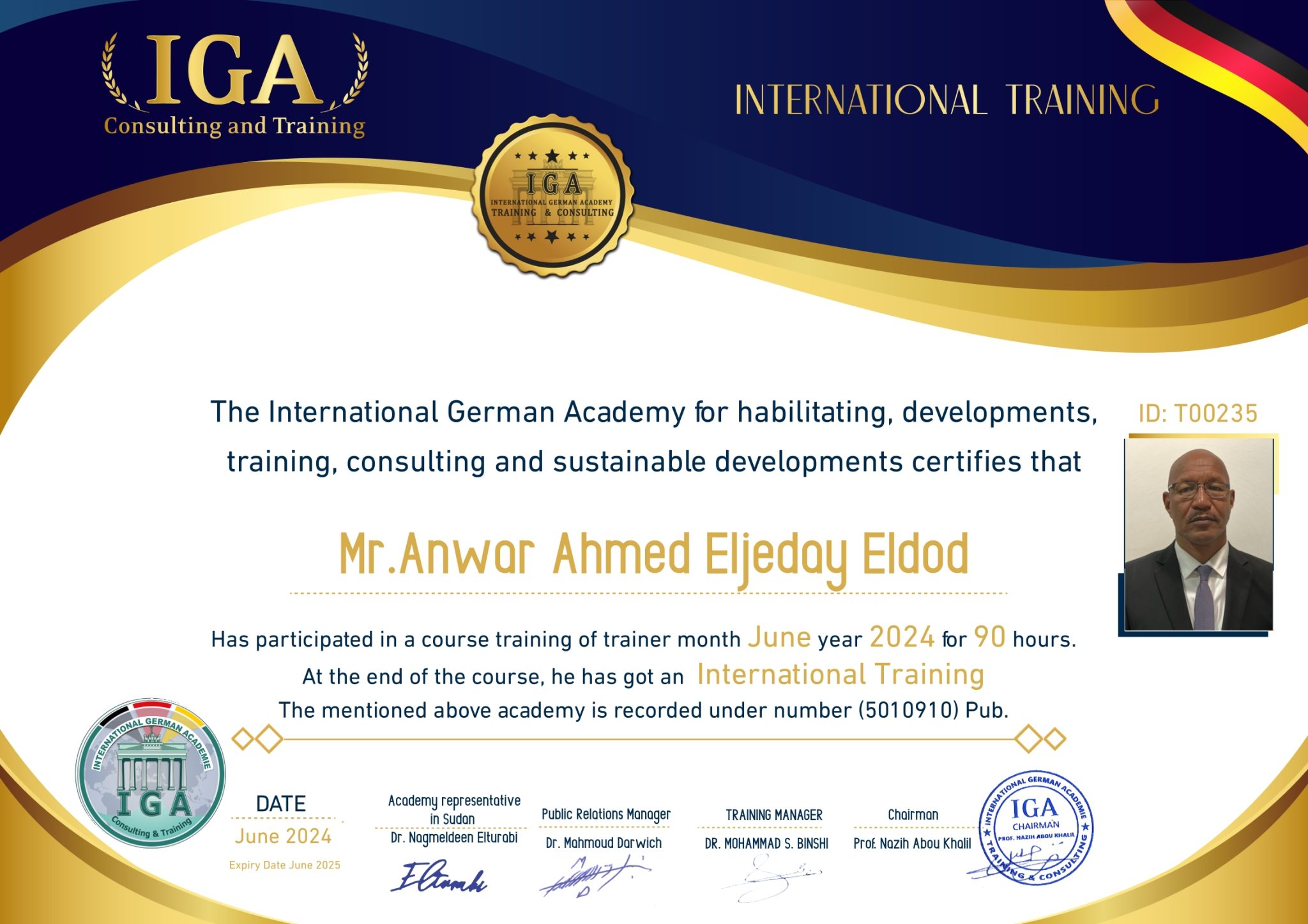 شهادة مدرب دولي - الأستاذ أنور أحمد الجدي الدود - EN