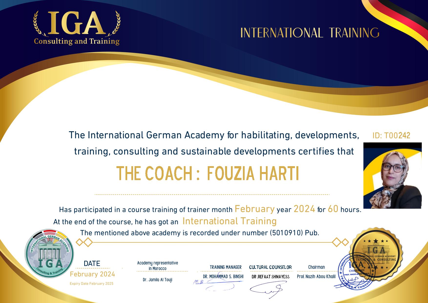 شهادة مدرب دولي - الأستاذة فوزية حرتي - EN